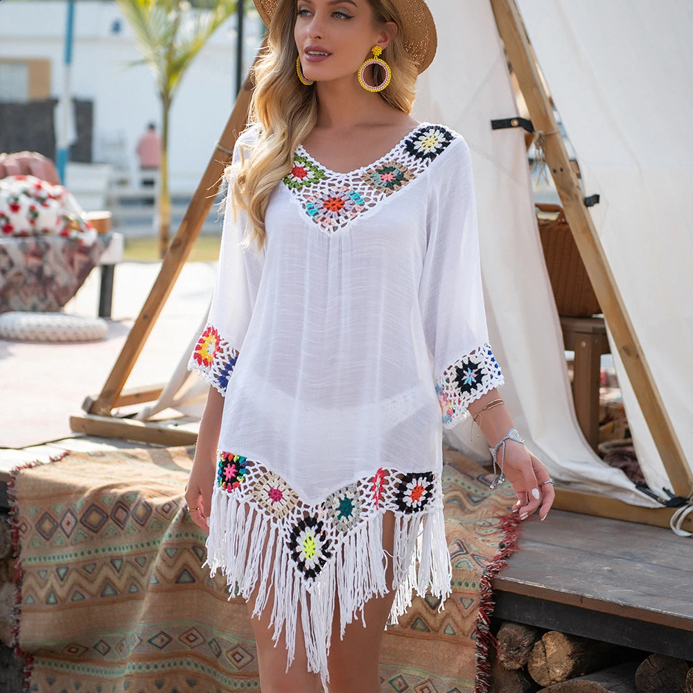 Crochet Bikini white bikini cover with edge decoration womens sexy hollow tuned beach dress summer swimsuit beachwear 250122