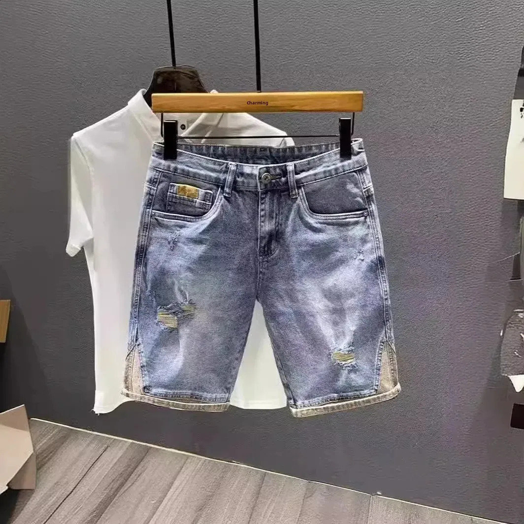 Trendy HighEnd Vintage Mens Denim Shorts Lightweight Summer Style Patchwork MidWaist Stretchy FivePiece Pants 250121