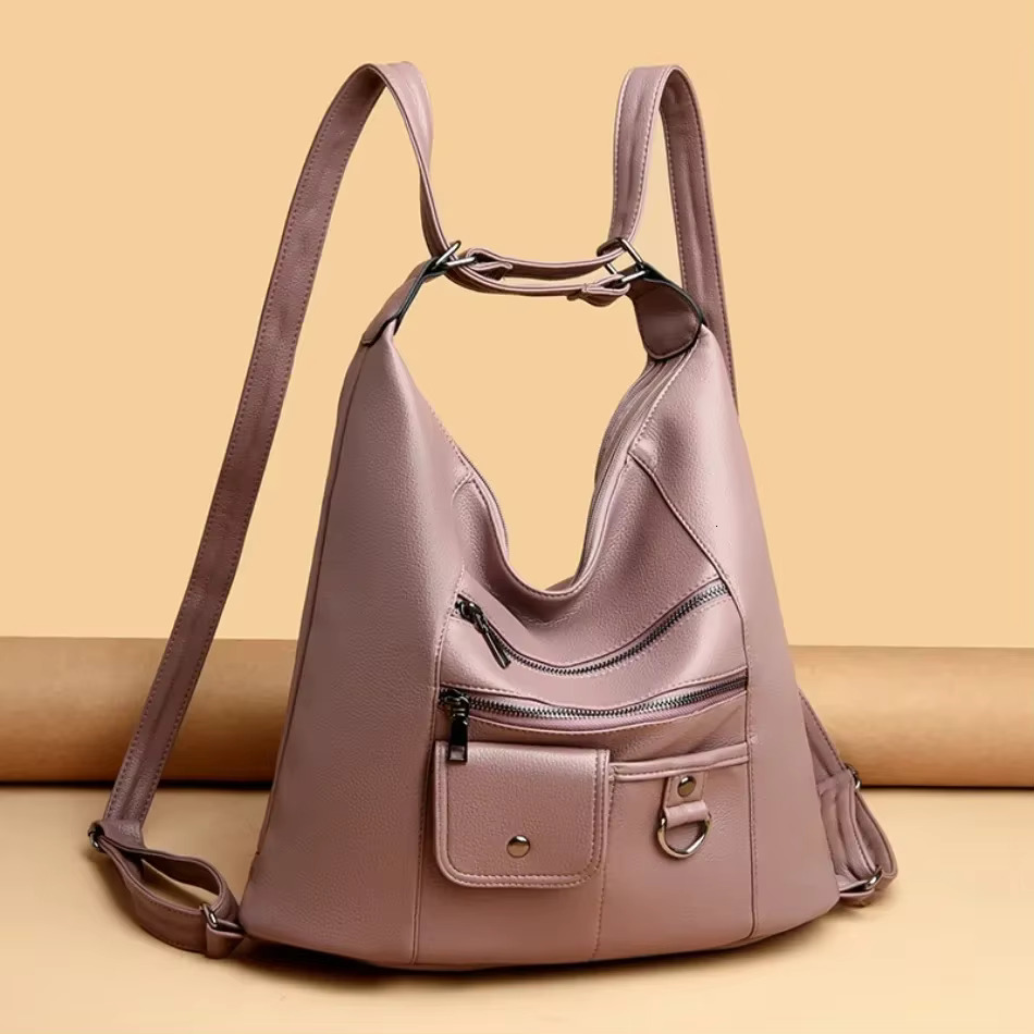 2024 Large Retro Women Shoulder Bag Designer Multi-Functional High Capacity Solid Color Leather Backpacks