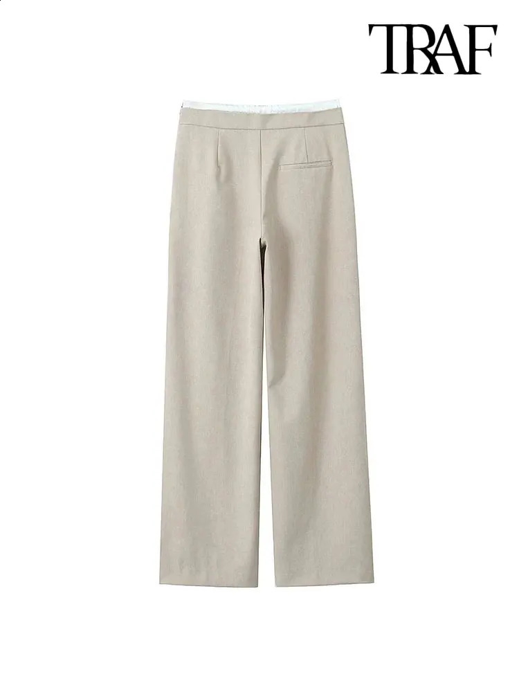 TRAFWomens Double Waistband Wide Leg Pants High Elastic Waist With Drawstring Side Pockets Female Trousers Chic Fashion 250120