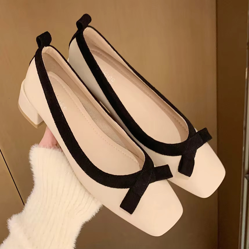 Ck & Leather Patchwork Pumps Women Elegant Work Shoes Bowtie Thick Heel Atos De Tacon Mujer 34-43 Plus Size Mules 2023