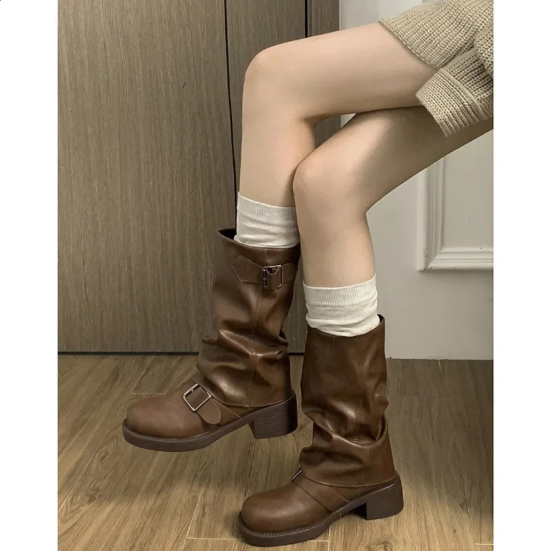 Pleated Buckle Knight Boots for Women Autumn Brown PU Leather Mid Calf Woman SlipOn Thick Heel Riding 250117