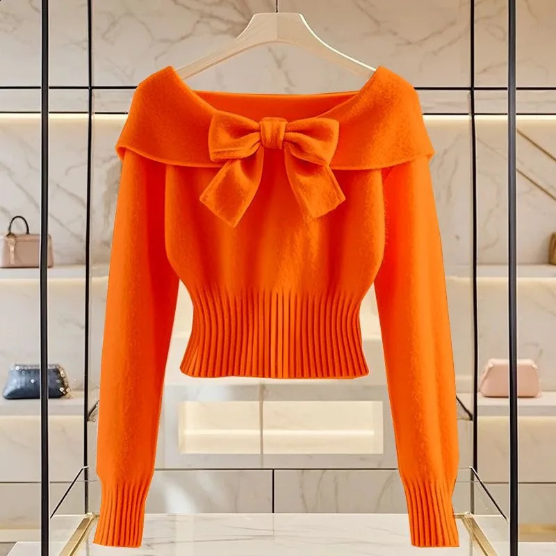 Autumn Bow Sweet Knitted Top Womens Unique Chic Soft Slim Fit Cropped Long-sleeved Lady Sweater Pullover 250118