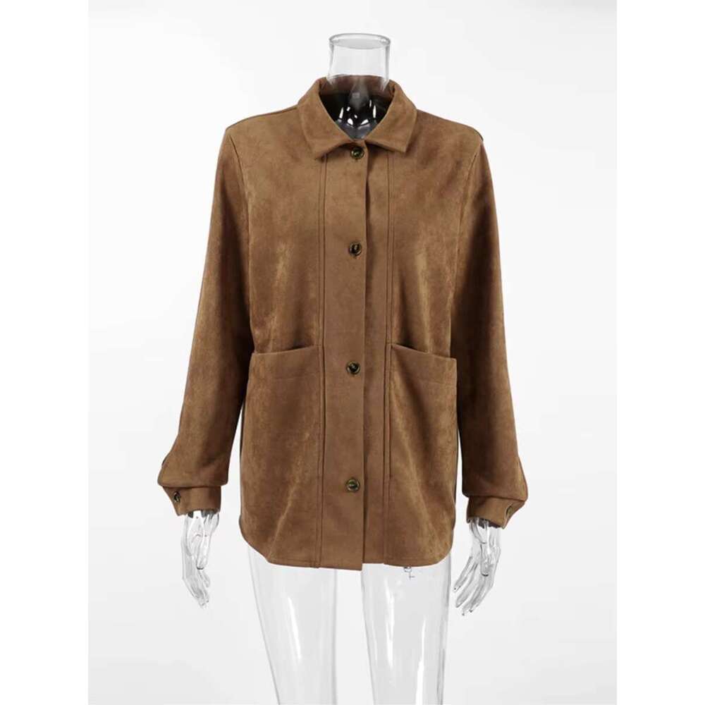 Autumn New Vintage Solid Suede Coat Women 2024 Button Up Long Sleeve Pockets Outerwear Streetwear Fashion Office Lady Jackets
