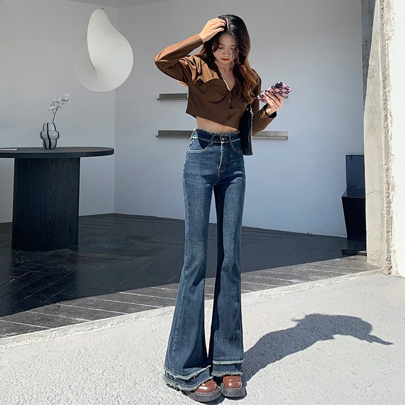 American High Street Retro Micro-flared Jeans for Women with Tassels Raw Edges Slim Stretchy Floor-length Tight Horseshoe Pants 250118
