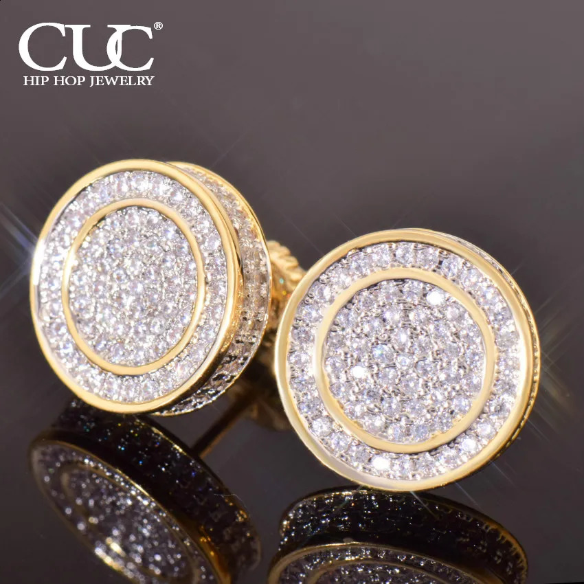 CUC 12MM Men Round Stud Earring Iced Out Cubic Zirconia Women Screw/Push Earrings Hip Hop Jewelry Fashion Gift 250116