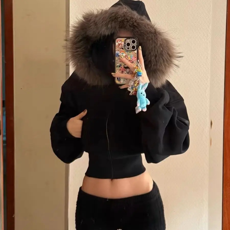 Black Fur Collar Zipper Hooded Sweatshirt Fashion High Street Trendy Zipper Hooded Sweatshirt Korean Style Zip Hooded Sweatshirt 250109