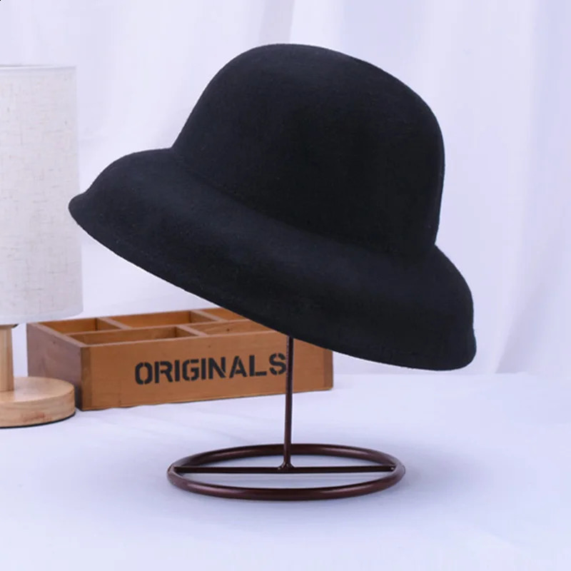 Wool Felt Hat Floppy Wide Brim Winter for Women Fedora Plain Ladies Dress Church Cloche Bucket Bowler Crushable 250118