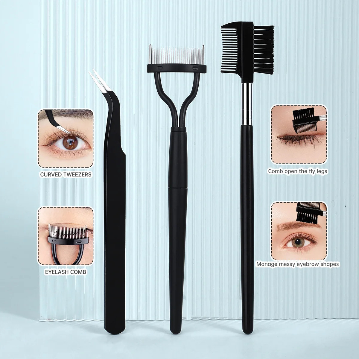 eyelash with 5 silicone pads 1 double ended eyebrow and comb steel tweezers 3 spiral combs 250115