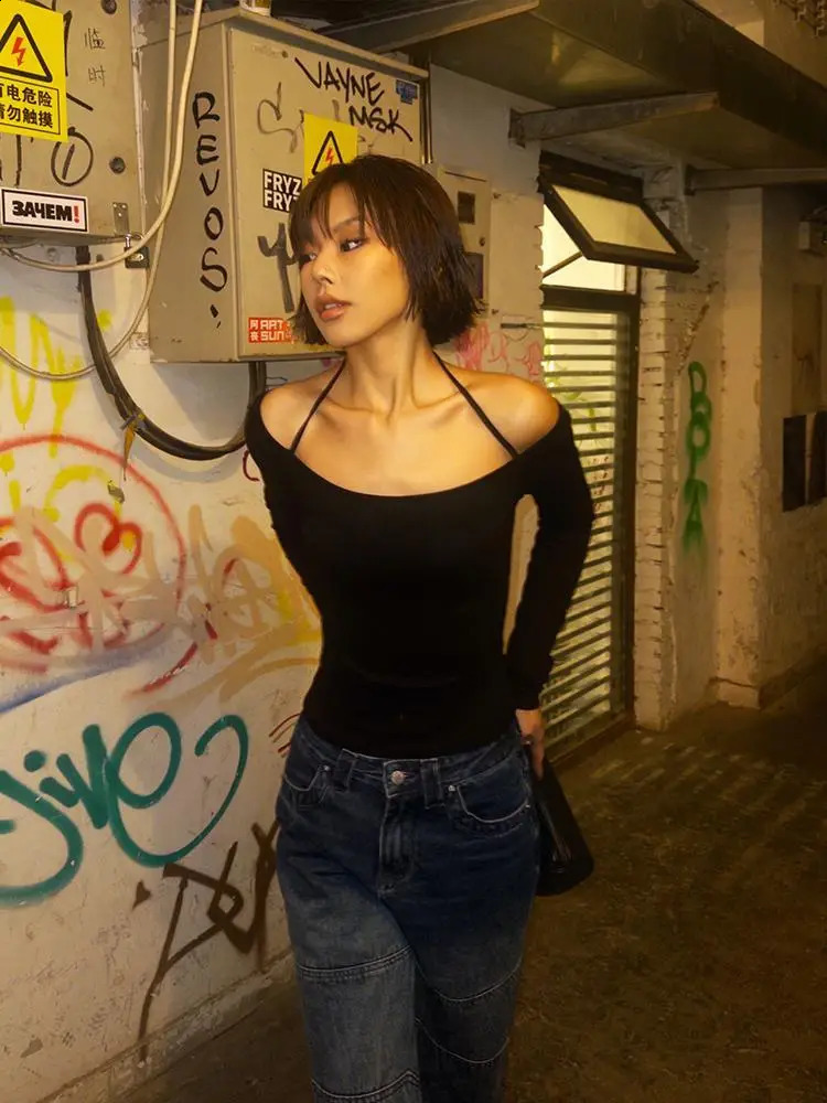 Yedinas Womens Long Sleeve Halter T Shirt Black Slim Clothes Y2K Tees Female Clothing Skinny Streetwear 2000s Tshirts Slim Tops 250109