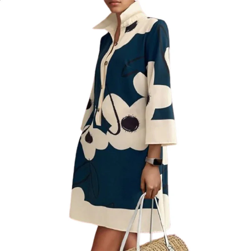 Yeezzi 2025 Women Floral Printed Elegant Evening Dresses Spring Long Sleeves Loose Urban H-line Lapel Shirts Mini Dress 250122