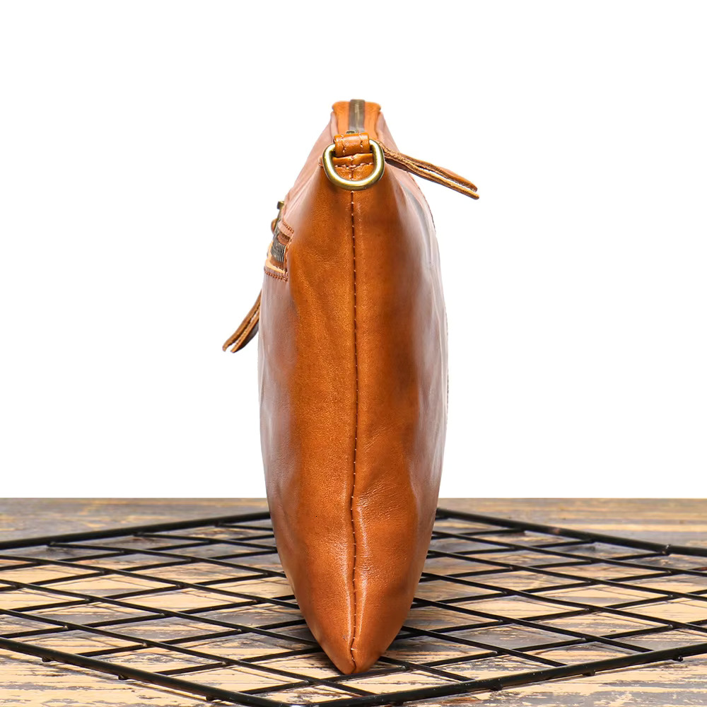 Vintage Men's Clutch Handbag Handmade Vegetable-Tanned Leather Document Top Grain Cowhide Ipad Simple Wrist Bag