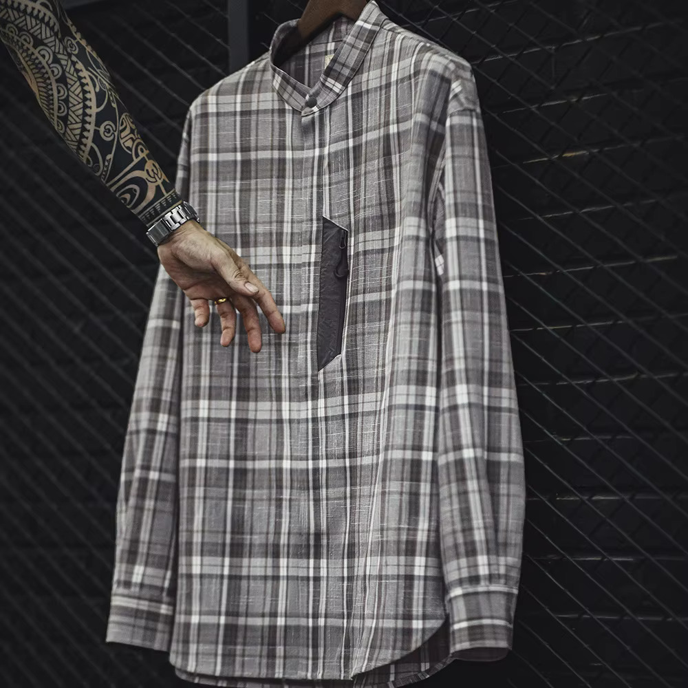 Maden Retro Stand Collar Plaid With Blended Material Casual Long-Sleeved Single-Breasted Shirt For Men's Spring And Autumn