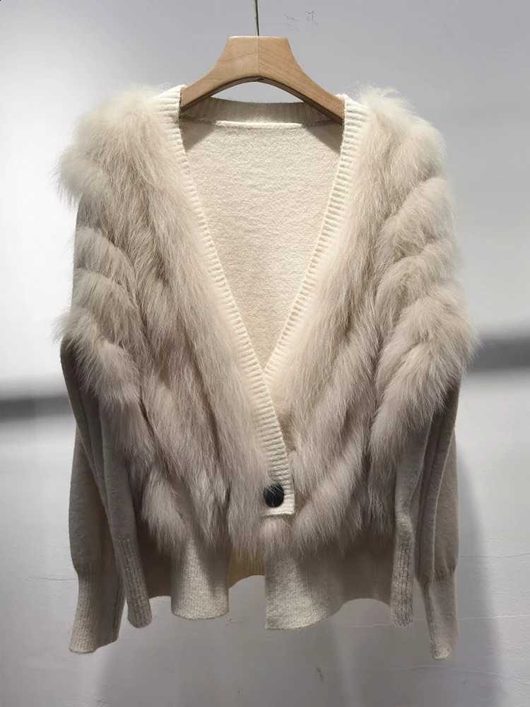 Women Spring Autumn Ladys Fashion Loose Cardigan Natural Real Fox Fur Knitted Oversize Coat Fox Fur Decoration Sweater 250117