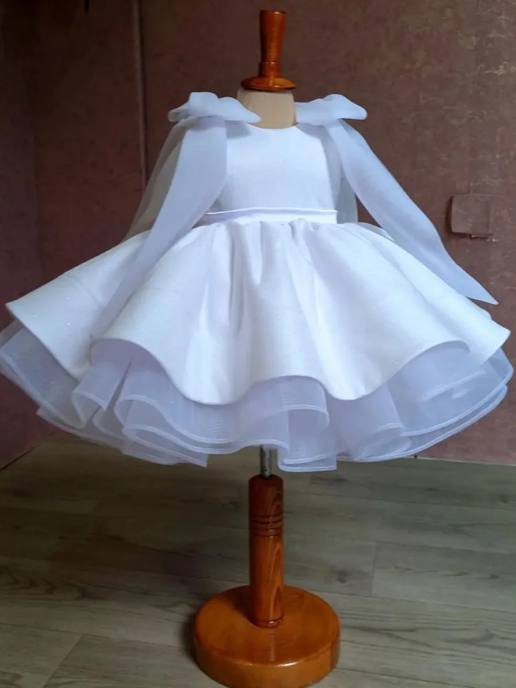 White Flower Girl Dress For Wedding Knee Length Long Sleeves Princess Kids Birthday Party First Holy Communion Baby Ball Gown 250115