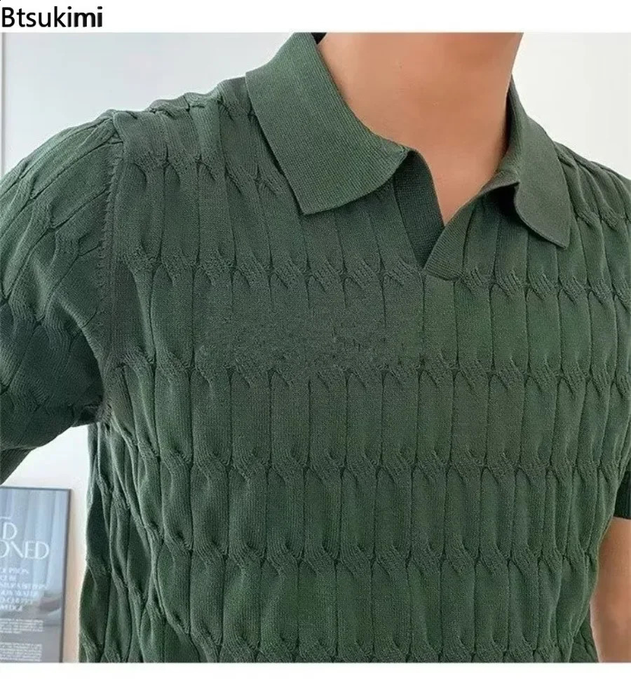 Summer mens jacquard knitted polo shirt fashion V-neck short sleeved lapel knitted lapel top mens business casual clothing T-shirt 250122