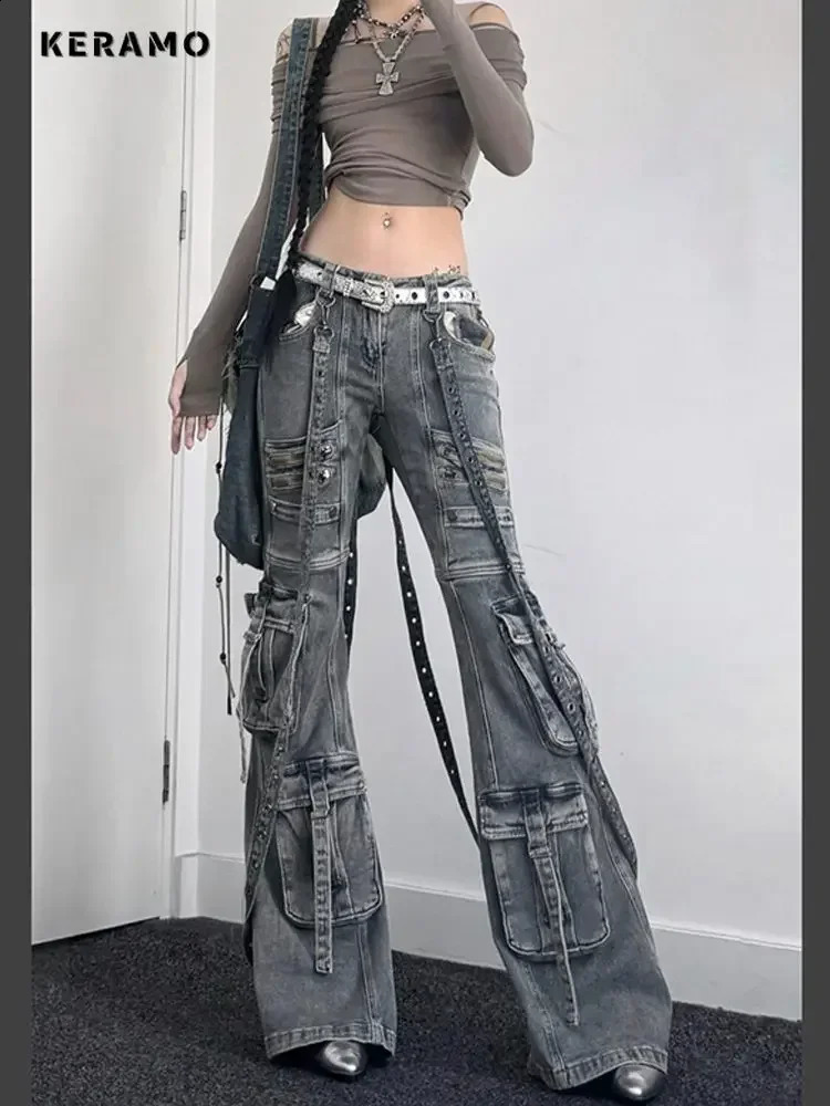 Womens Y2K Slim Fit Laceup Denim Trouser Washed Vintage Classic Emo Casual Pants Grunge Street Retro High Waist Pockets Jeans 250121