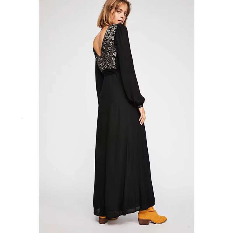 Bohemian Free Style Black Long-Sleeved Embroidery Maxi Cotton Open Back People Chic V Neck Beach Dress