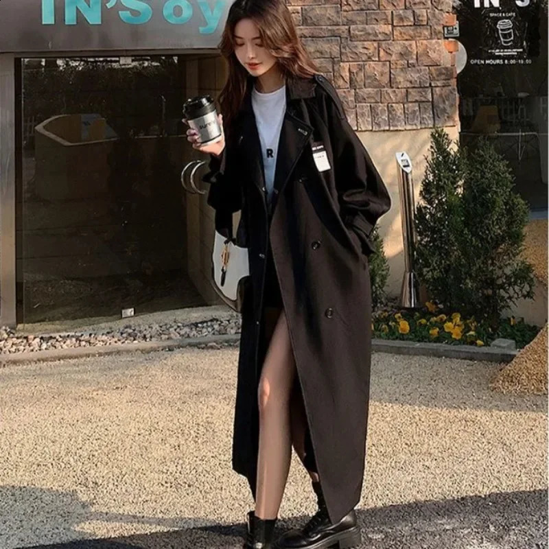 Black trench womens British style button brushed streetwear fashion OL casual autumn coat with warm pocket 250118