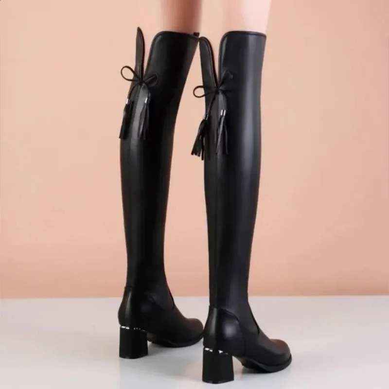 Women Leather Elastic Boots Ladies Plush Long Boot Autumn Winter Thick Heels Over The Knee Slip on Black Knight Botas 250117