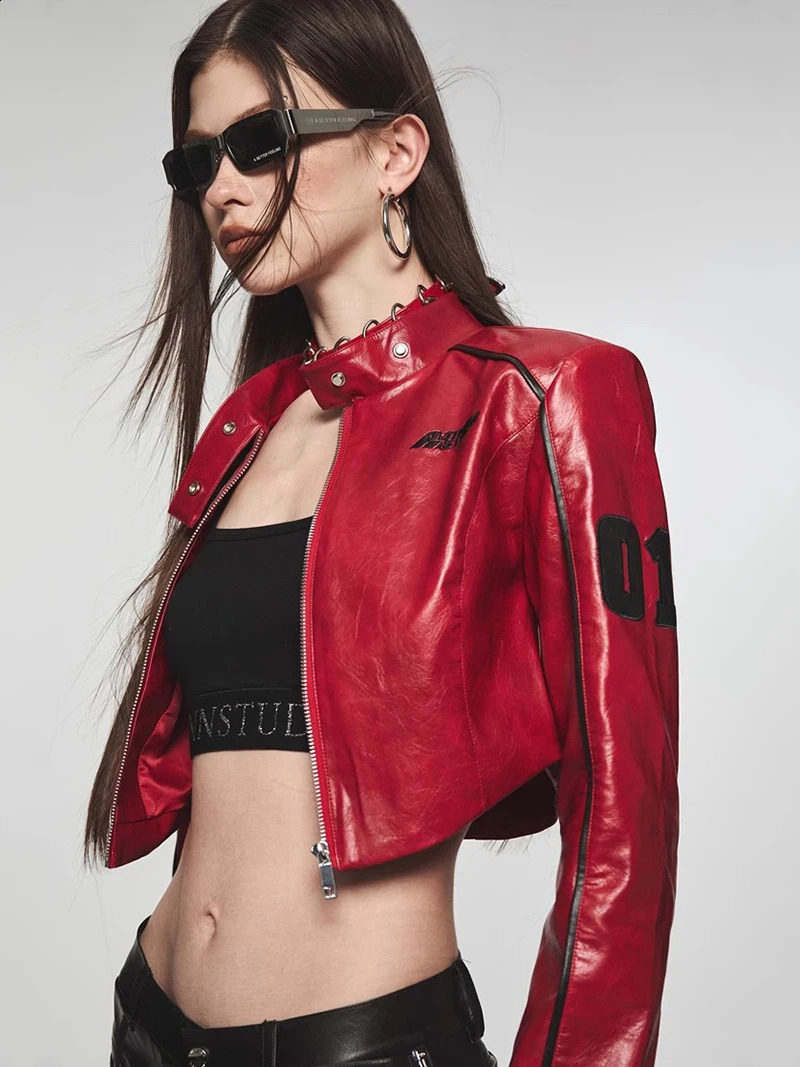 REDDACHiC Leather Bomber Jacket Womens Cropped Coat Patchwork Vintage Y2k Windbreaker Casual Autumn Long Sleeves Statue Outer 250118