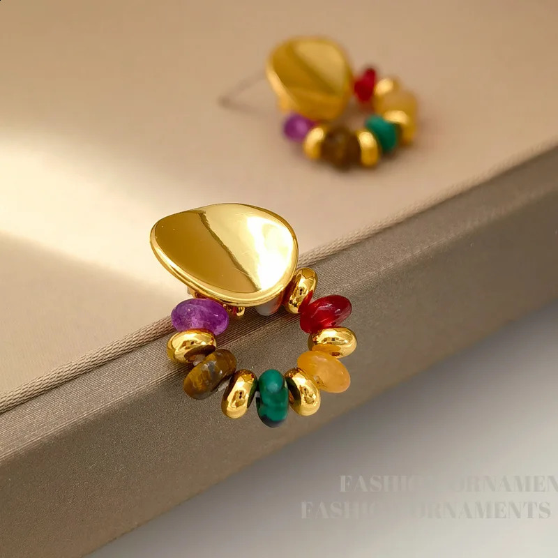 Vintage Natural Stone Beaded Earrings for Women Fashion Jewelry Copper Plated 24K Gold Elegant Ear Accessories 250117