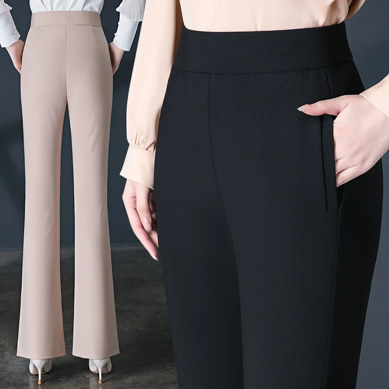 Spring Micro La Casual Pants Womens Elastic Waist High Diamond Temperament Middle aged Mom Trumpet Fishtail Pant 250108