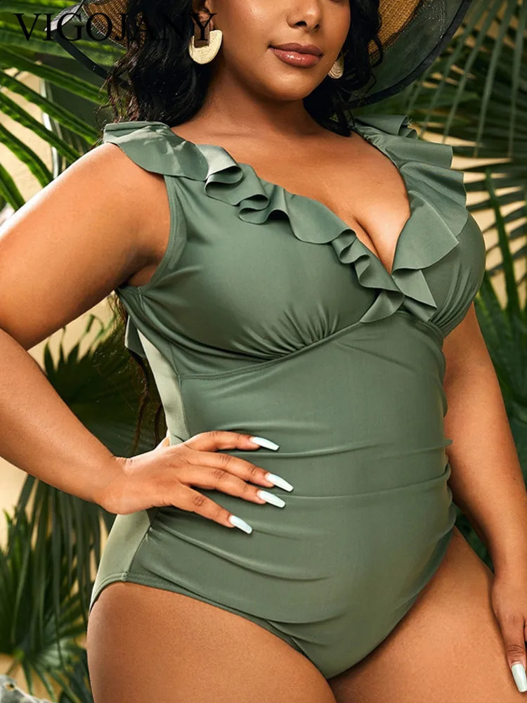 VigoJany Verge Strapped Plus Size Swimwear Women V Neck Beach One Piece Swimsuit Backless Summer Big Bathing Suit Beachwear 250109