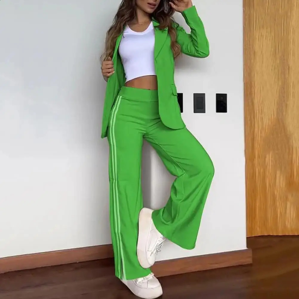 2PcsSet Women Formal Suit Coat Pants Set Long Sleeves Autumn Winter Loose Striped Wide Leg Casual Blazer Outfit 250114