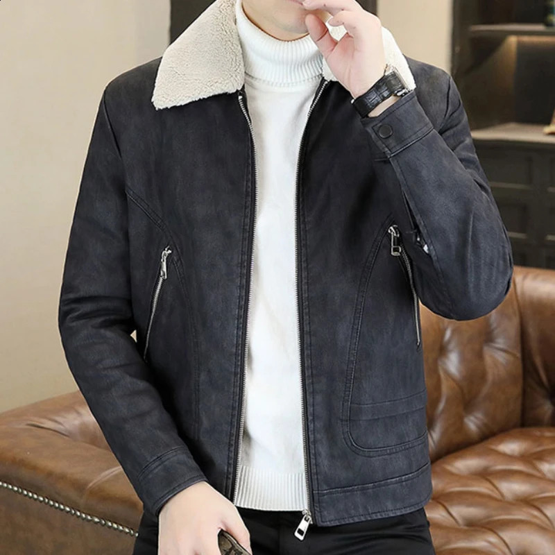 Winter Mens Leather Jacket Fashion Thick Warm Fur Integrated Turn Down Collar Motorcycle Streetwear Men Clothing 250109Z