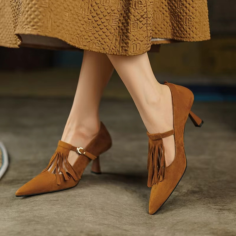 2023 Spring Women's Pumps Sheep Suede High Heels Pointed Toe Chunky For Women Thin Heel Mary Janes Tassel Party Shoes