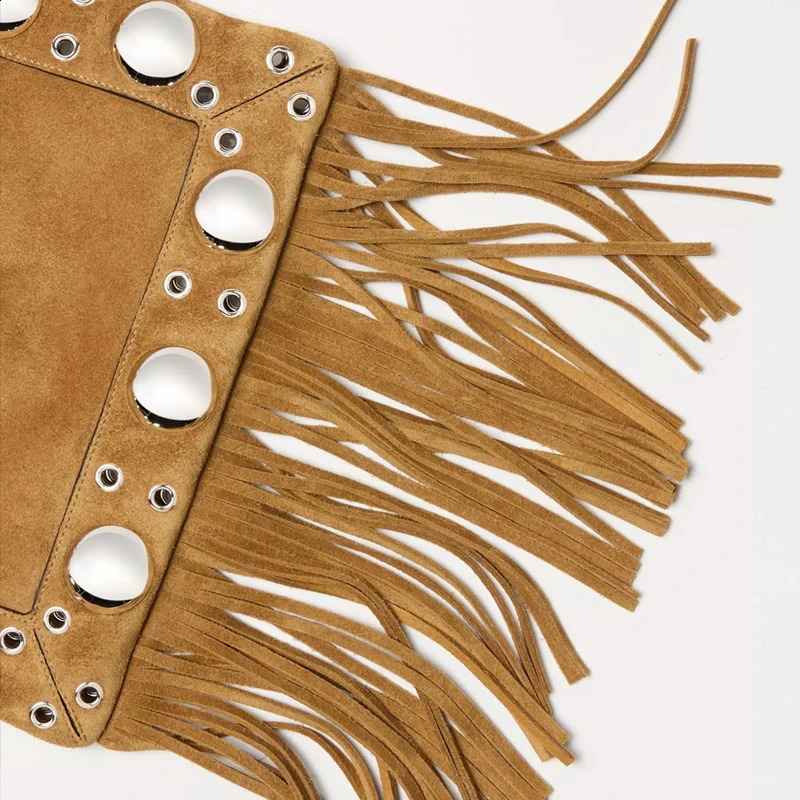 Retro artificial suede messenger bag for womens er handbag wallet rivet decoration tassel small armpit shoulder 250109