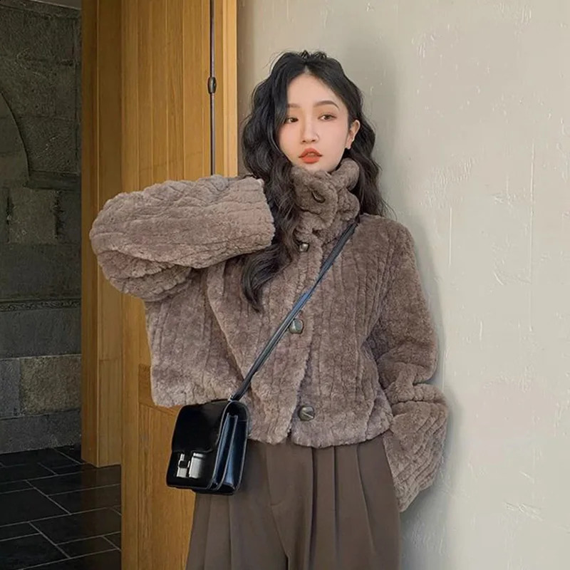 Rimocy Winter Warm Lambswool Coat Fashion Korean Padded Cotton Outerwear Woman Stand Collar Cropped Jacket Female 2024 250113Z