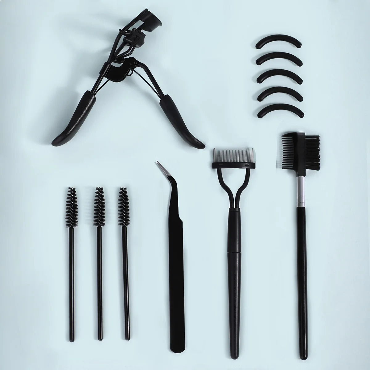 eyelash with 5 silicone pads 1 double ended eyebrow and comb steel tweezers 3 spiral combs 250115
