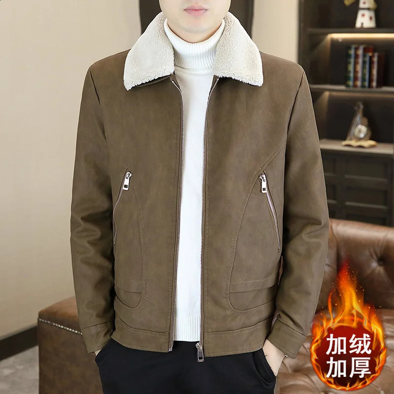 Winter Mens Leather Jacket Fashion Thick Warm Fur Integrated Turn Down Collar Motorcycle Streetwear Men Clothing 250109Z
