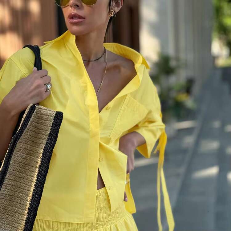 Solid Pocket Blouse Two-Piece Set Women Single Breasted Short Sleeve Blouse+Elastic Waist Long Elegant Casual Skirts Sets
