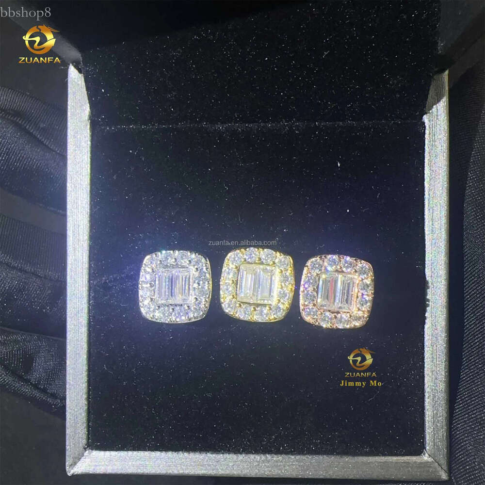 New Arrivals Bulk Stock Iced Out Man Earrings Baguette Moissanite Dia Screw Back Setting Hip Hop Stud Earring