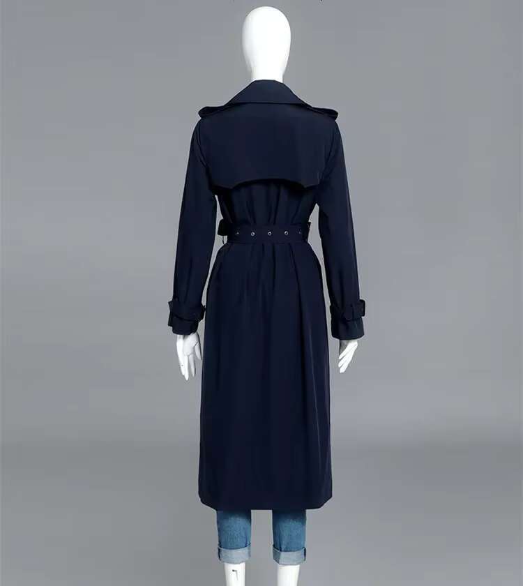 Navy Blue Women Trench 2023 Office Lady Double Breasted Extra Long Coat Elegant High Quality Windbreaker Outwear