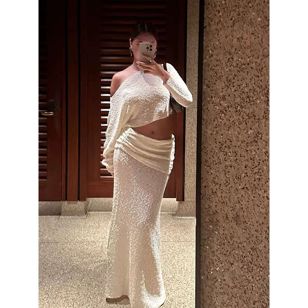 Solid Folds Knitted Sheer 2 Piece Set Skew Collar Long Sleeve Cropped T-Shirt+Long Skirts Elegant Fashion Women's Suits 2025 New