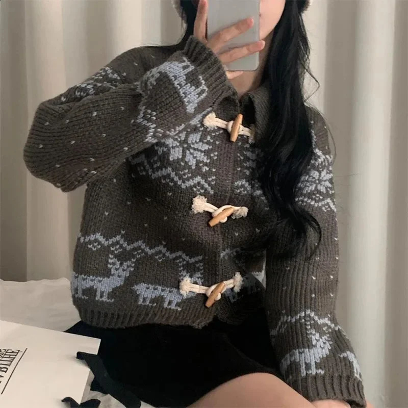Spring Womens Knitted Top Artistic Vintage Nordic Style Horn Button Snowflake Sweater CrossBorder European And American 250114