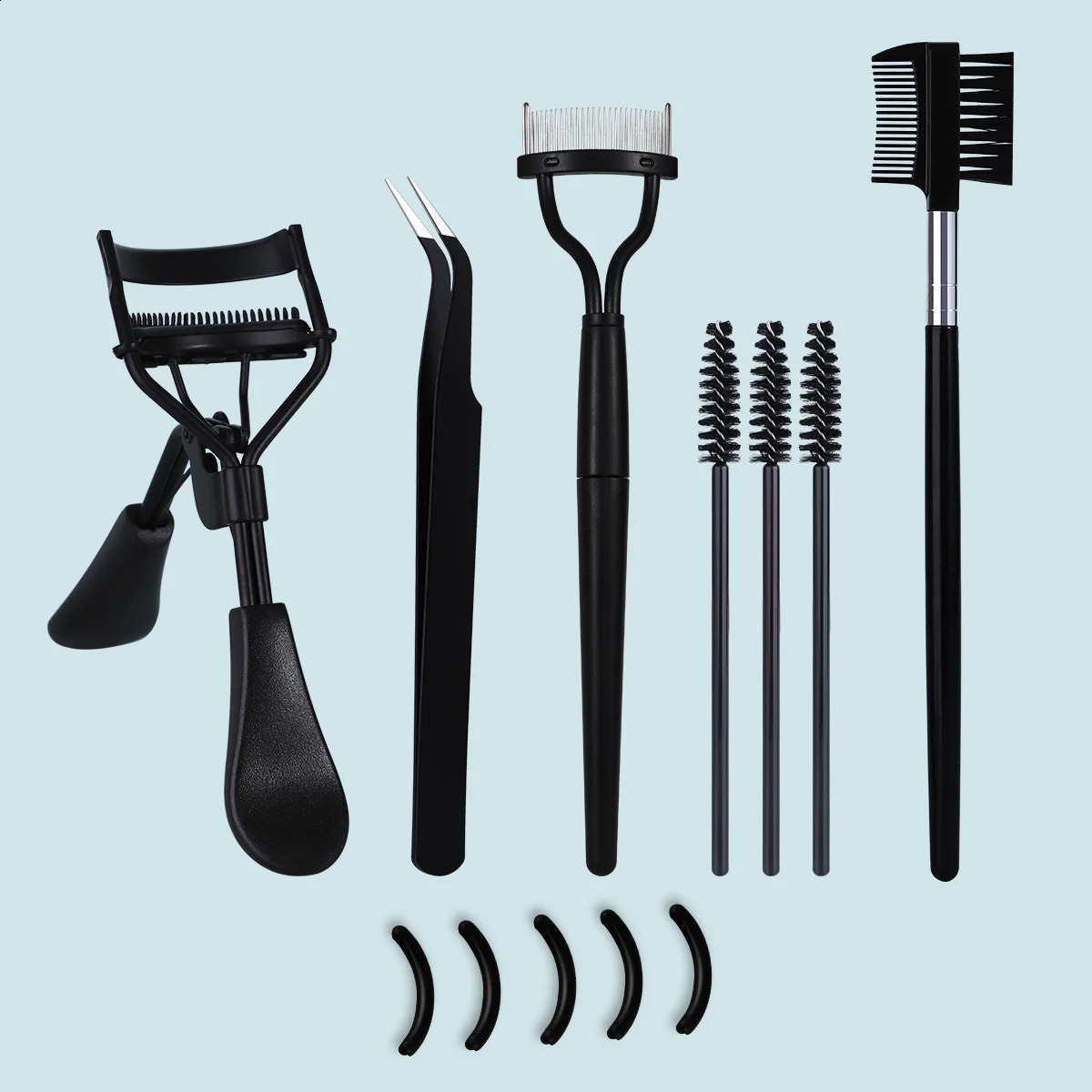 eyelash with 5 silicone pads 1 double ended eyebrow and comb steel tweezers 3 spiral combs 250115