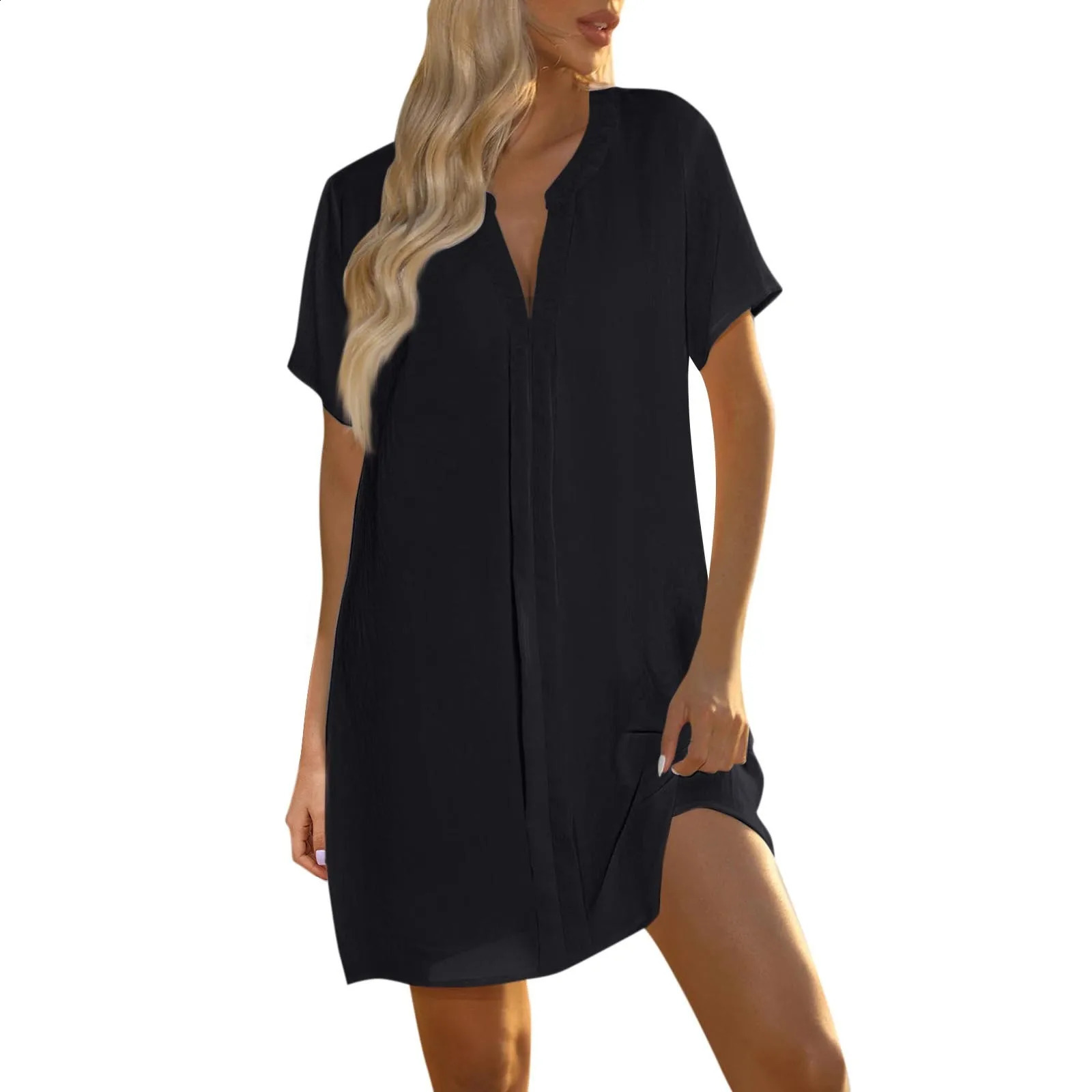 Womens Summer Casual VNeck Solid Color Short Sleeved Shirt Dress Beach Skirt Package Skirts Suits Female Lady Set 250122