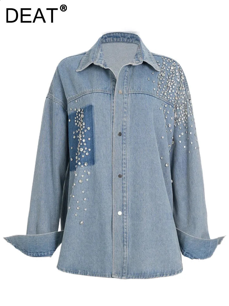 DEAT Fashion Denim Coat Women Lapel Irregular Rhinestone Decorate Single Breasted Patchwork Loose Jakcets Spring 2025 7AB878 250116