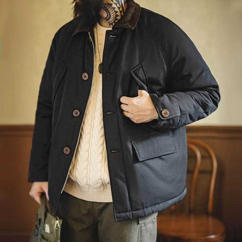Maden Vintage Corduroy Collar Cotton Padded Safari Jacket Thickened Warm Coat For Men's Fall And Winter Versatile Overcoat
