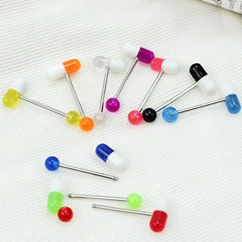 10pcslot Colorful Capsule Tongue Rings Acrylic Pill Piercing Steel Punk Body Jewelry Decor Gifts 250110