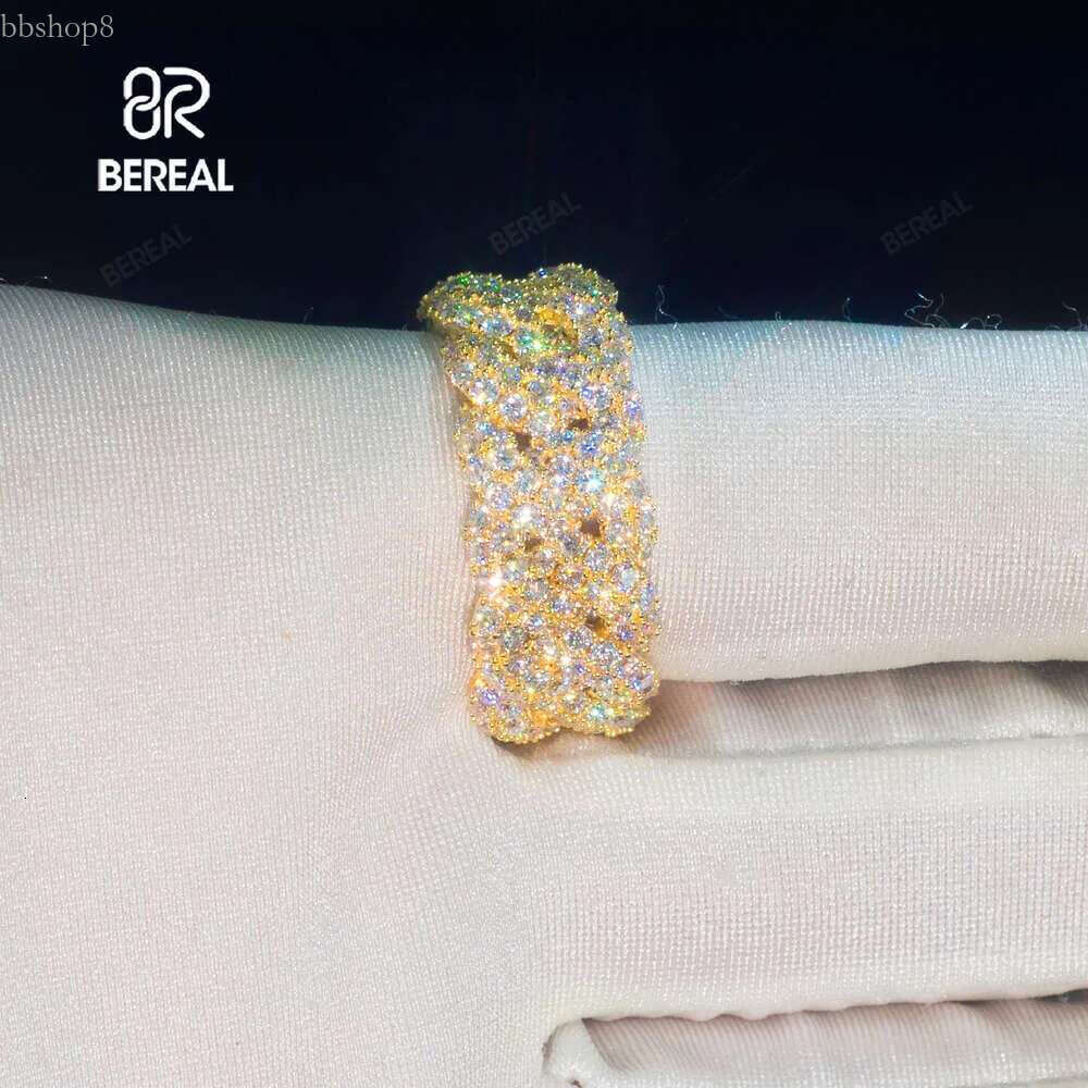 Pass Tester Cuban Chain Style 14K Solid Gold Moissanite Hip Hop Ring Iced Out Round Brilliant Cut Vvs Dia Band