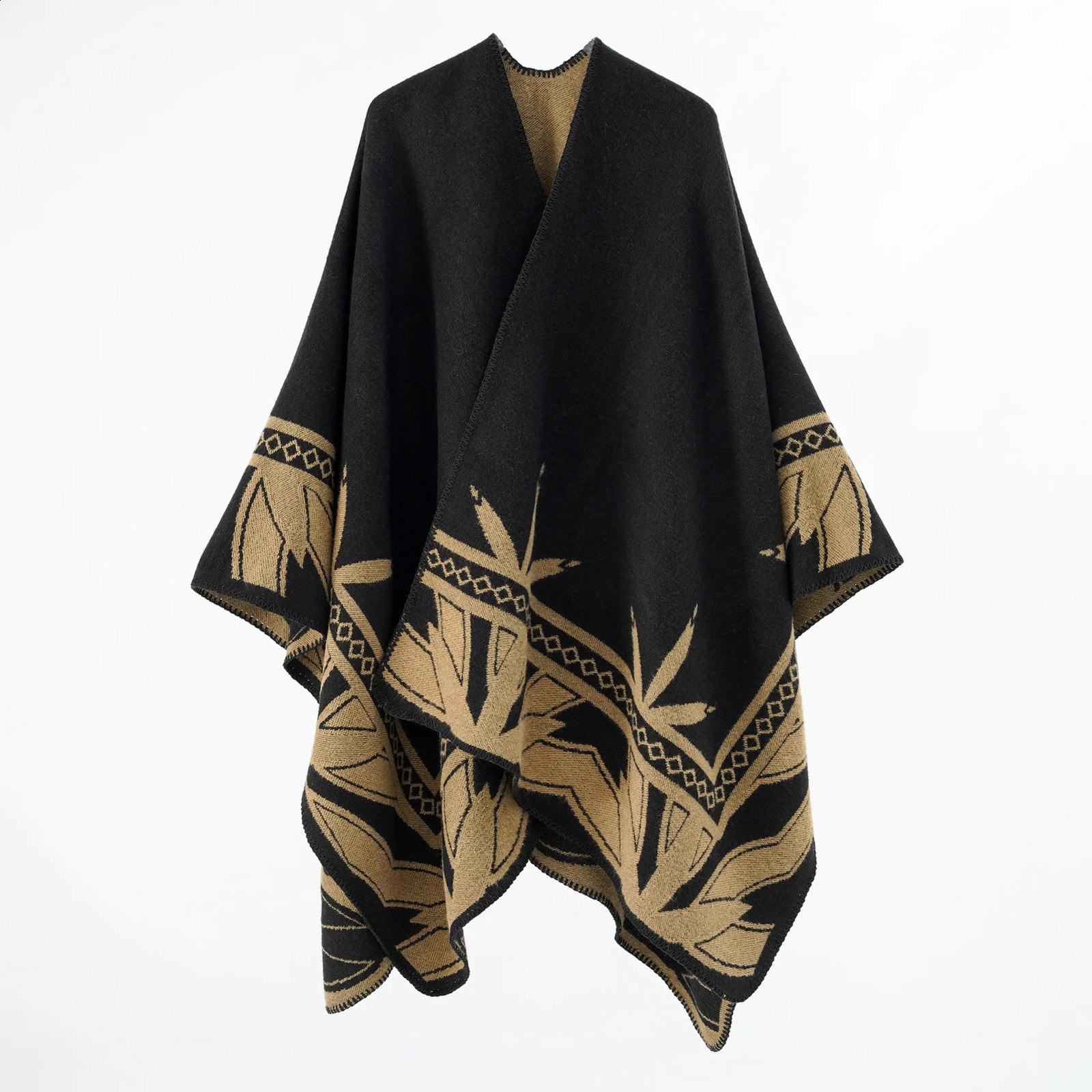 Autumn Winter Geometric Stripe Pattern Cashmere Warm Casual Women Shawl Poncho Capes Lady Coat Black 250121