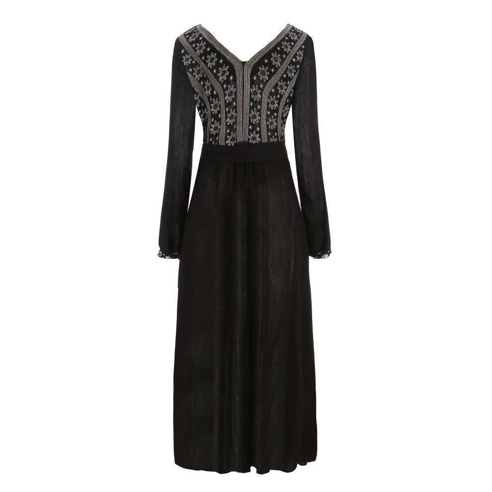 Bohemian Free Style Black Long-Sleeved Embroidery Maxi Cotton Open Back People Chic V Neck Beach Dress