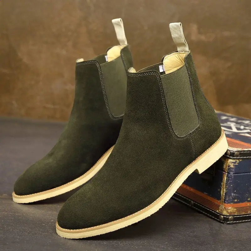 Man Retro Suede Genuine Leather Chelsea Boots Men Fashion Short Ankle Boot Casual British Style High-Top Shoes 250120