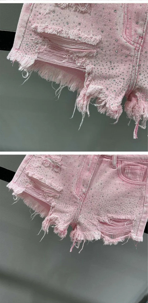 Womens 2025 Summer High Waist Diamond Denim Shorts with Broken Holes and Wide Legs Pants Jean Shorts 250118